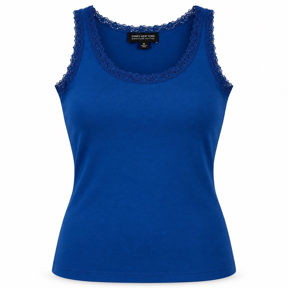 Jones New York Signature Petite Royal Blue Lace Trim Tank Top PL Sleeveless